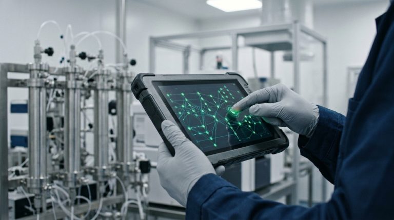 A regulatory auditor in gray utility gloves using a rugged mobile tablet to review electronic system audit trails and digital quality data networks inside a pharmaceutical lab.