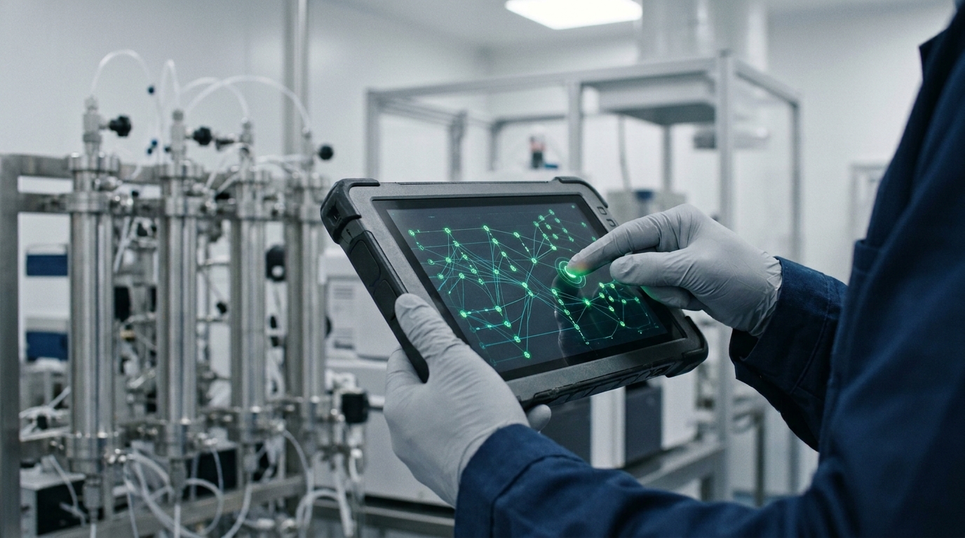 A regulatory auditor in gray utility gloves using a rugged mobile tablet to review electronic system audit trails and digital quality data networks inside a pharmaceutical lab.
