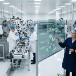 A sterile medical device manufacturing floor featuring an automated robotic assembly line, technicians in protective gear, and two managers reviewing a "Design Transfer Integrity" digital interface.