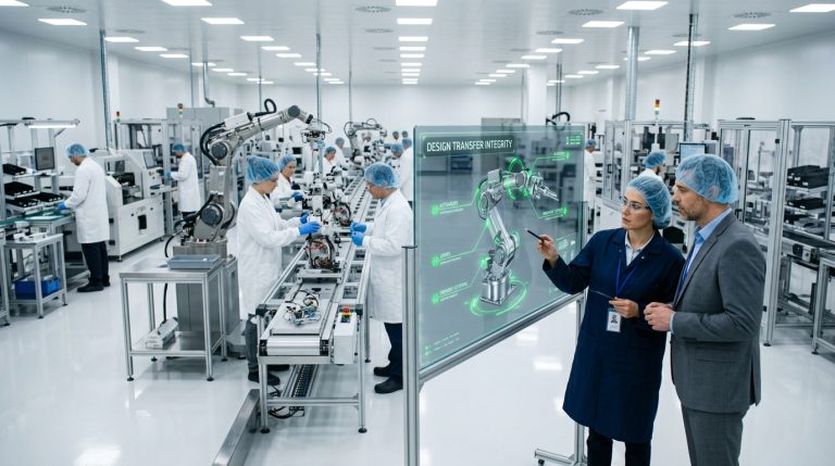 A sterile medical device manufacturing floor featuring an automated robotic assembly line, technicians in protective gear, and two managers reviewing a "Design Transfer Integrity" digital interface.