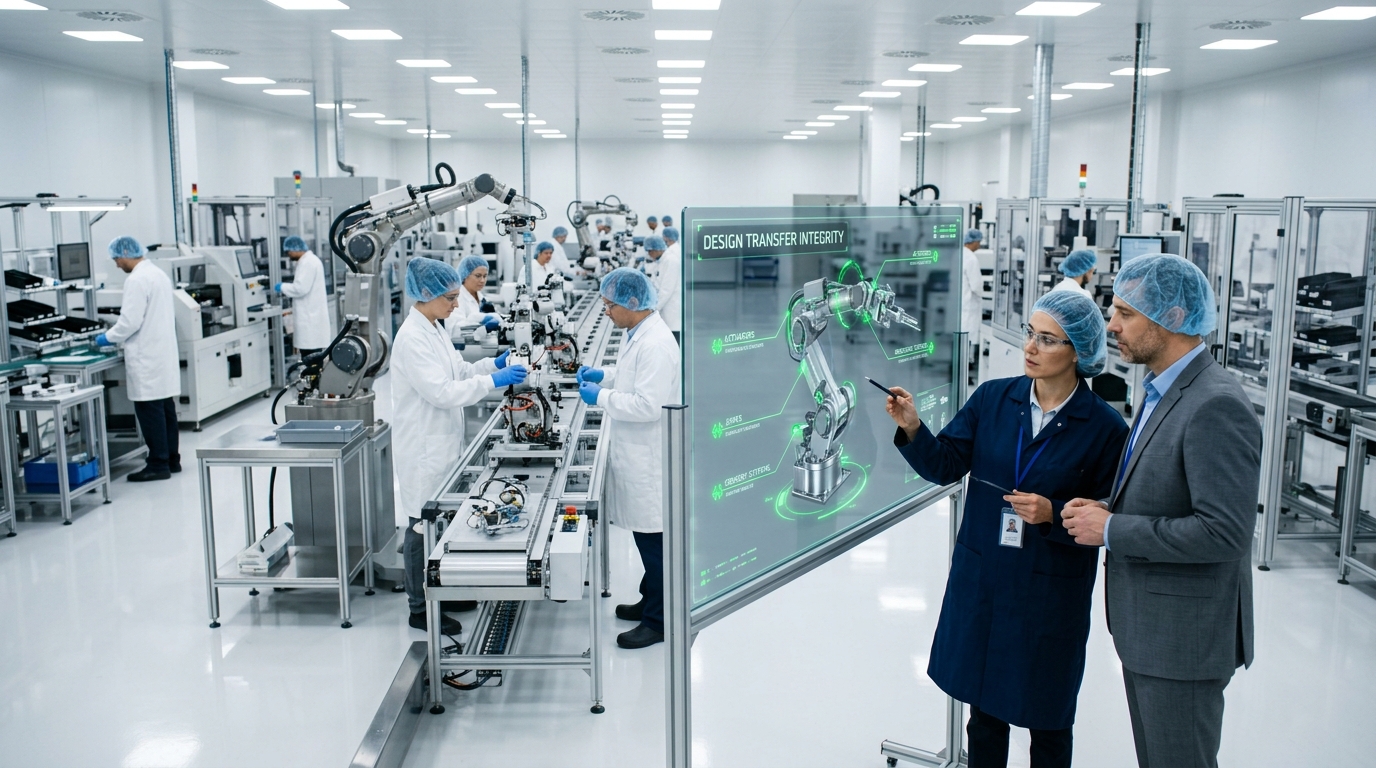 A sterile medical device manufacturing floor featuring an automated robotic assembly line, technicians in protective gear, and two managers reviewing a "Design Transfer Integrity" digital interface.