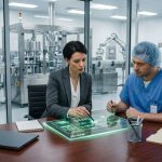 A regulatory affairs director and a clinical operator reviewing automated data lineage paths on an interactive luminescent glass panel inside a pharmaceutical facility.