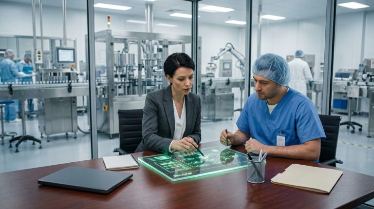 A regulatory affairs director and a clinical operator reviewing automated data lineage paths on an interactive luminescent glass panel inside a pharmaceutical facility.