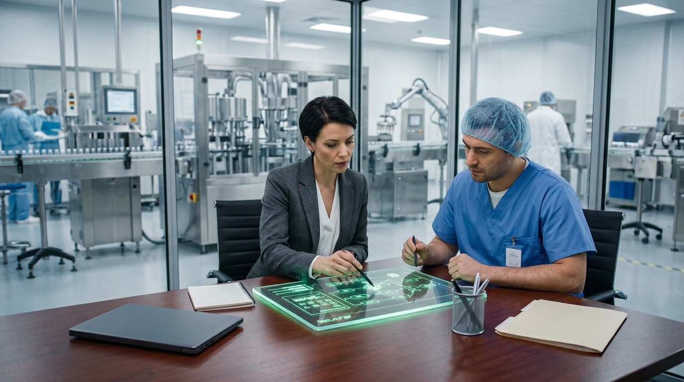 A regulatory affairs director and a clinical operator reviewing automated data lineage paths on an interactive luminescent glass panel inside a pharmaceutical facility.
