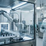 A specialized robotic arm filling glass vials with biologics inside a high-tech sterile isolator, monitored by a technician in a full cleanroom suit using a transparent data analytics tablet.