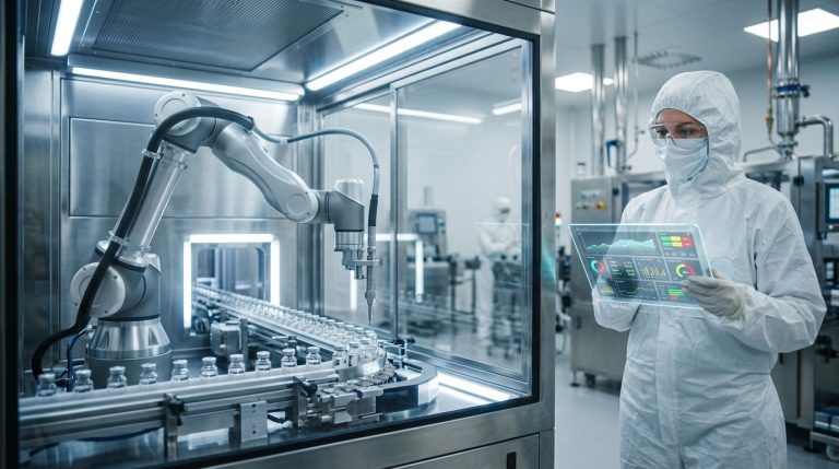 A specialized robotic arm filling glass vials with biologics inside a high-tech sterile isolator, monitored by a technician in a full cleanroom suit using a transparent data analytics tablet.
