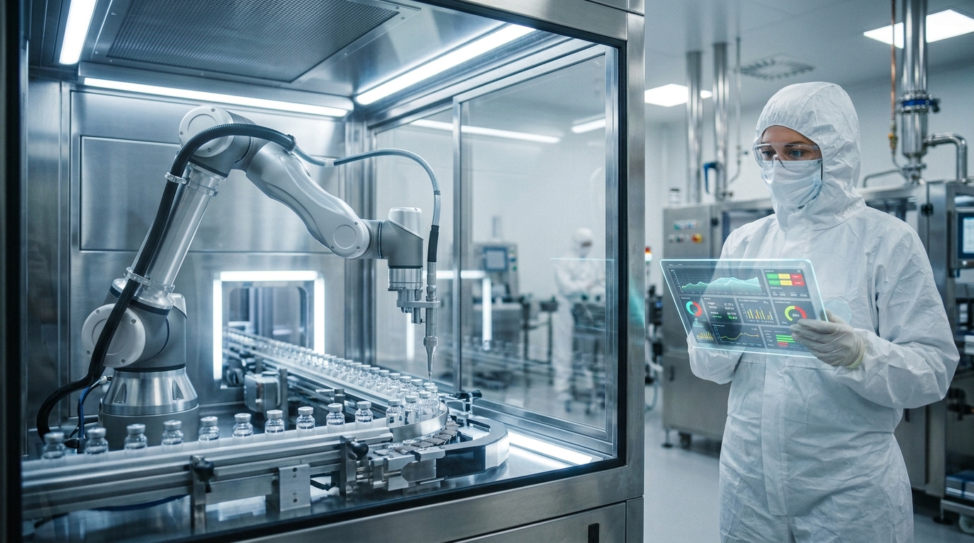 A specialized robotic arm filling glass vials with biologics inside a high-tech sterile isolator, monitored by a technician in a full cleanroom suit using a transparent data analytics tablet.
