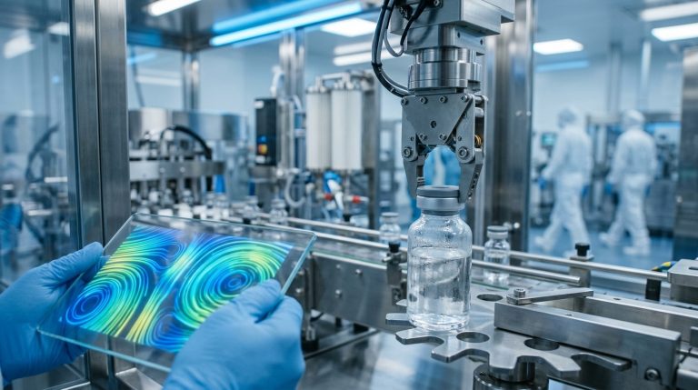 A robotic gripper performing precision stopper placement on a glass vial within a sterile isolator, while a technician monitors real-time airflow visualization on a transparent digital tablet.