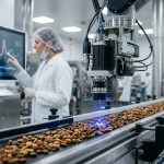 A robotic sensor performing laser analysis for pathogen detection on a pet food manufacturing conveyor belt, showcasing 2026 food safety compliance technology.