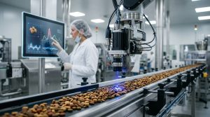 A robotic sensor performing laser analysis for pathogen detection on a pet food manufacturing conveyor belt, showcasing 2026 food safety compliance technology.