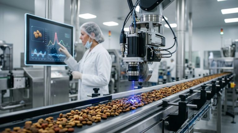 A robotic sensor performing laser analysis for pathogen detection on a pet food manufacturing conveyor belt, showcasing 2026 food safety compliance technology.