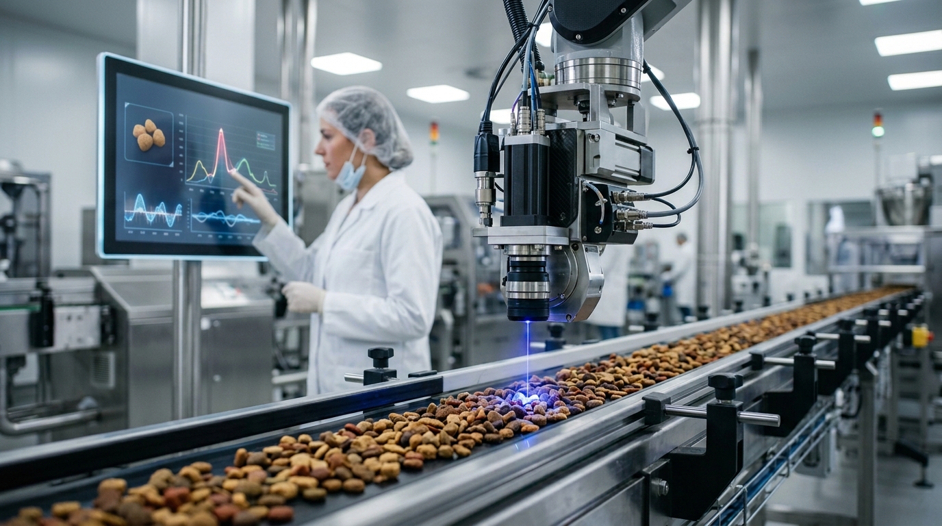 A robotic sensor performing laser analysis for pathogen detection on a pet food manufacturing conveyor belt, showcasing 2026 food safety compliance technology.