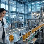 A quality control specialist in a laboratory setting using a transparent digital tablet to inspect a batch of botanical oils on a modern cosmetic assembly line, illustrating MoCRA compliance and facility oversight.