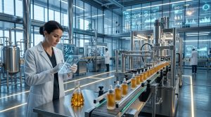A quality control specialist in a laboratory setting using a transparent digital tablet to inspect a batch of botanical oils on a modern cosmetic assembly line, illustrating MoCRA compliance and facility oversight.