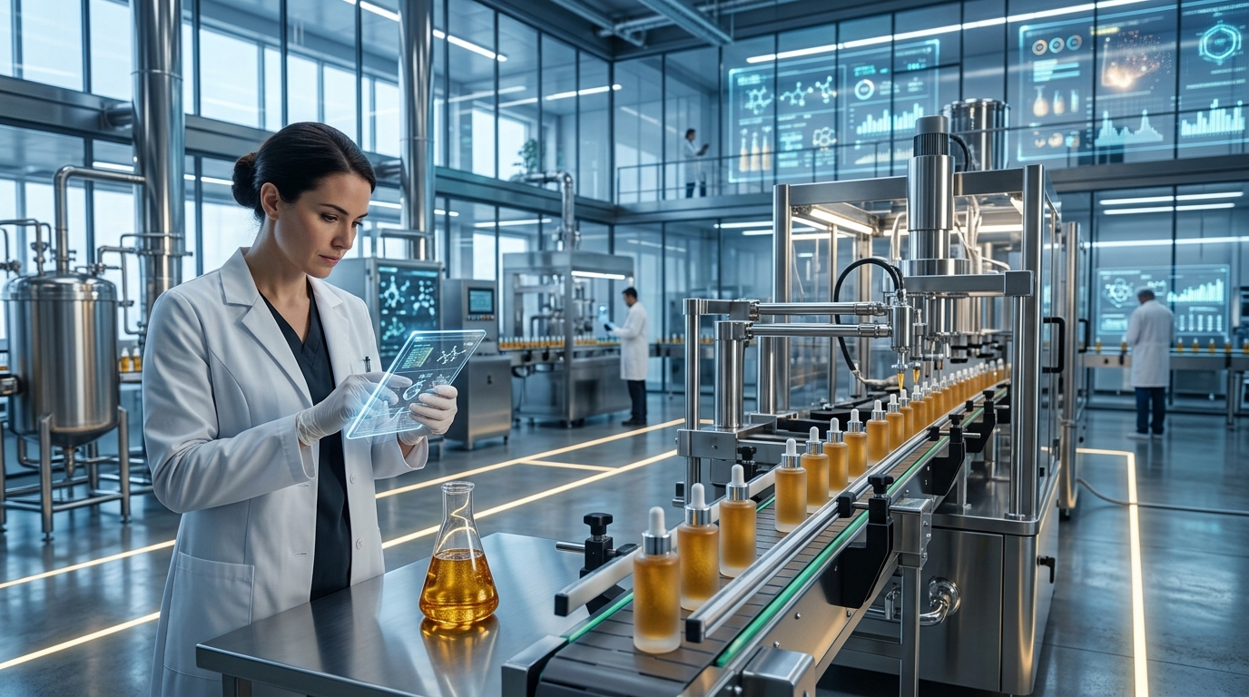 A quality control specialist in a laboratory setting using a transparent digital tablet to inspect a batch of botanical oils on a modern cosmetic assembly line, illustrating MoCRA compliance and facility oversight.