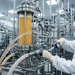 A cleanroom validation technician using a torque wrench to adjust a mechanical valve on an industrial chromatography column unit within a biopharmaceutical plant.