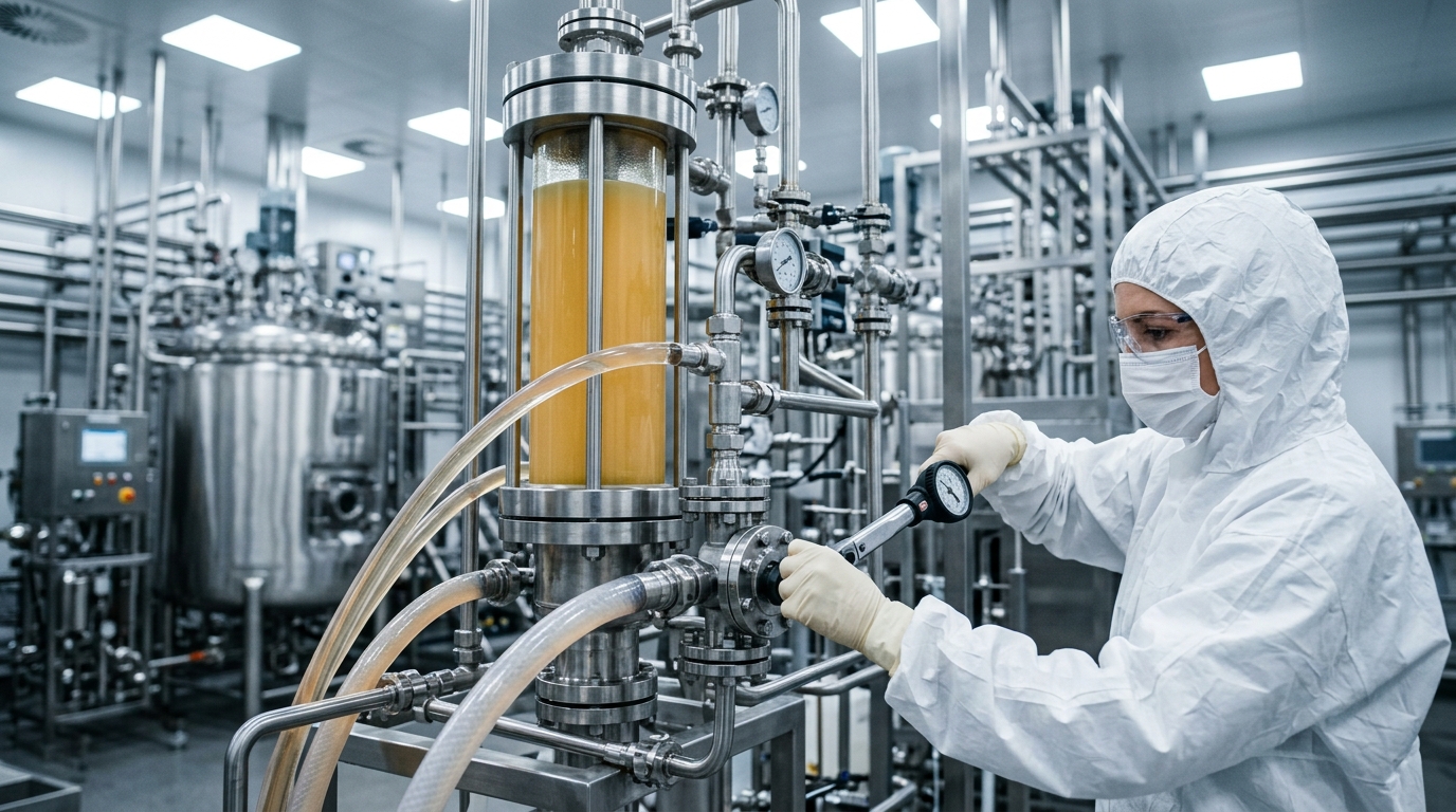 A cleanroom validation technician using a torque wrench to adjust a mechanical valve on an industrial chromatography column unit within a biopharmaceutical plant.