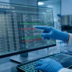A researcher in a lab suit and blue gloves points to a computer screen displaying an "Electronic Audit Trail" with verified and anomalous data, in a clinical setting.