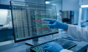 A researcher in a lab suit and blue gloves points to a computer screen displaying an "Electronic Audit Trail" with verified and anomalous data, in a clinical setting.