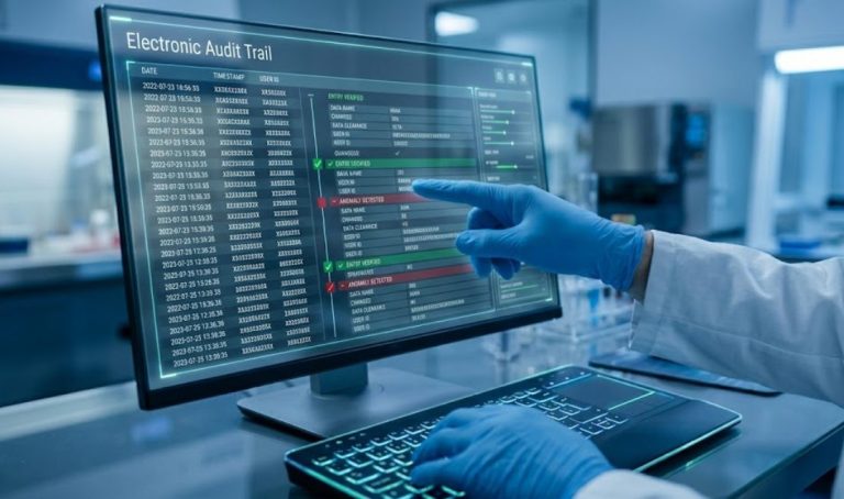 A researcher in a lab suit and blue gloves points to a computer screen displaying an "Electronic Audit Trail" with verified and anomalous data, in a clinical setting.