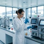 Aik modern lab mein professional scientist (khatoon) blue gloves aur safety glasses pehne pipette se kaam kar rahi hain. Saath mein advanced medical research equipment aur un ki screen par graphs hain.