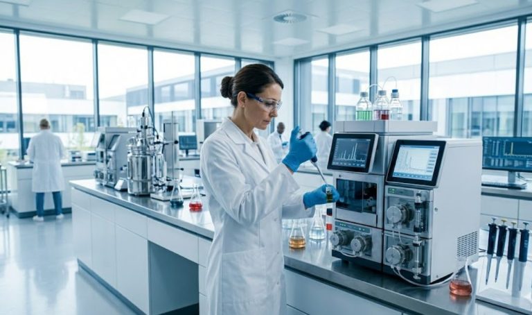 Aik modern lab mein professional scientist (khatoon) blue gloves aur safety glasses pehne pipette se kaam kar rahi hain. Saath mein advanced medical research equipment aur un ki screen par graphs hain.