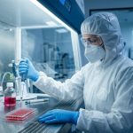 A scientist in a sterile suit works with pink liquid in a lab hood, a futuristic holographic DNA display next to them.