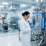 A professional female scientist in a white coat and safety glasses stands in a modern, ultra-clean automated biotechnology facility, using a transparent tablet to monitor a stainless steel bioreactor.
