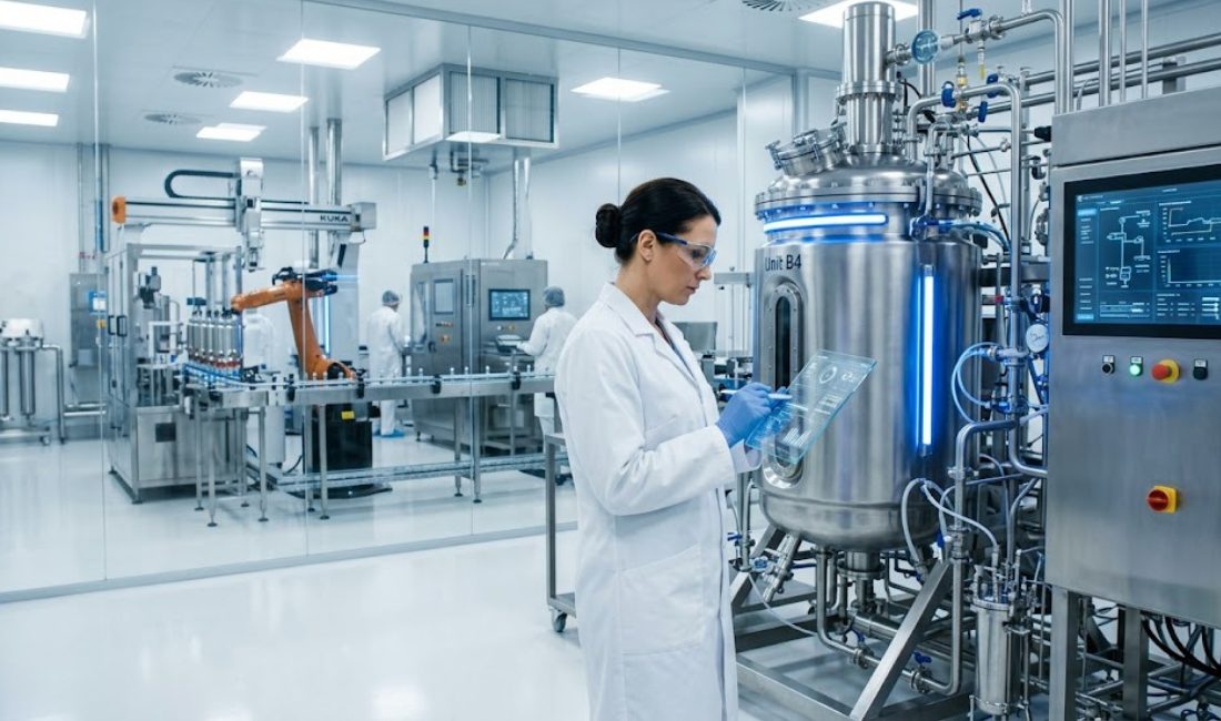 A professional female scientist in a white coat and safety glasses stands in a modern, ultra-clean automated biotechnology facility, using a transparent tablet to monitor a stainless steel bioreactor.