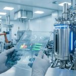 Clean room scenario: a lab technician in gloves holds a transparent holographic tablet with green and grey graphs and data, in front of high-tech manufacturing equipment and a large stainless steel bioreactor.