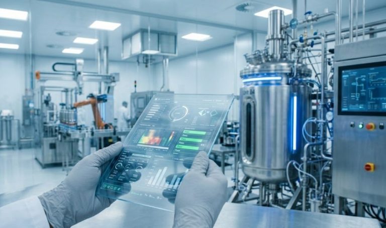 Clean room scenario: a lab technician in gloves holds a transparent holographic tablet with green and grey graphs and data, in front of high-tech manufacturing equipment and a large stainless steel bioreactor.