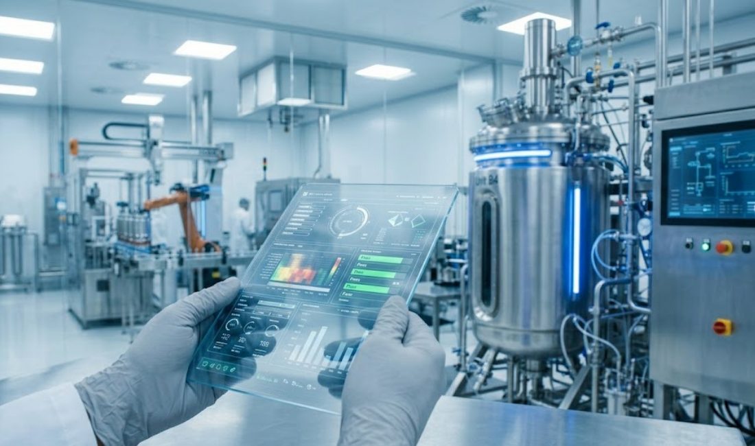 Clean room scenario: a lab technician in gloves holds a transparent holographic tablet with green and grey graphs and data, in front of high-tech manufacturing equipment and a large stainless steel bioreactor.
