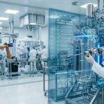A professional woman in a cleanroom examines a complex tool in front of a transparent augmented reality screen displaying a "GS1 13485 & FDA QMSR Alignment Checklist." Robotic arms are visible in the background.