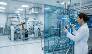 A professional woman in a cleanroom examines a complex tool in front of a transparent augmented reality screen displaying a "GS1 13485 & FDA QMSR Alignment Checklist." Robotic arms are visible in the background.
