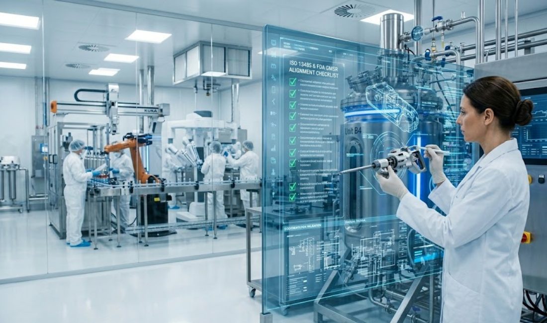 A professional woman in a cleanroom examines a complex tool in front of a transparent augmented reality screen displaying a "GS1 13485 & FDA QMSR Alignment Checklist." Robotic arms are visible in the background.