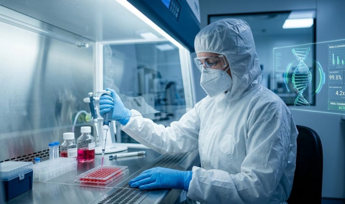 A scientist in a sterile suit works with pink liquid in a lab hood, a futuristic holographic DNA display next to them.