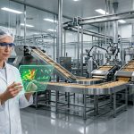 A food safety director wearing a lab coat and hairnet reviewing real-time contamination control analytics on a luminous digital tablet inside a modern food processing plant.