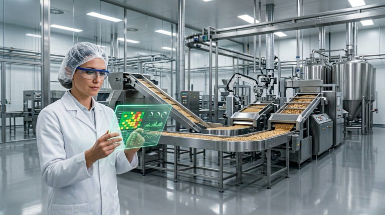 A food safety director wearing a lab coat and hairnet reviewing real-time contamination control analytics on a luminous digital tablet inside a modern food processing plant.