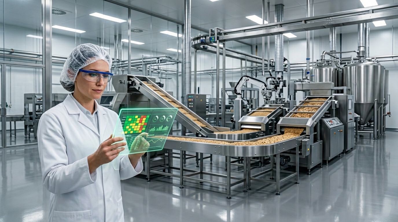 A food safety director wearing a lab coat and hairnet reviewing real-time contamination control analytics on a luminous digital tablet inside a modern food processing plant.