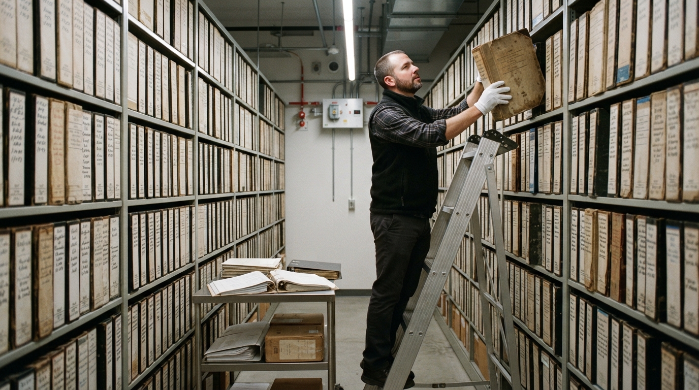 Archivist retrieving historical records from high shelves to assist an FDA 483 response consultant with compliance investigations.
