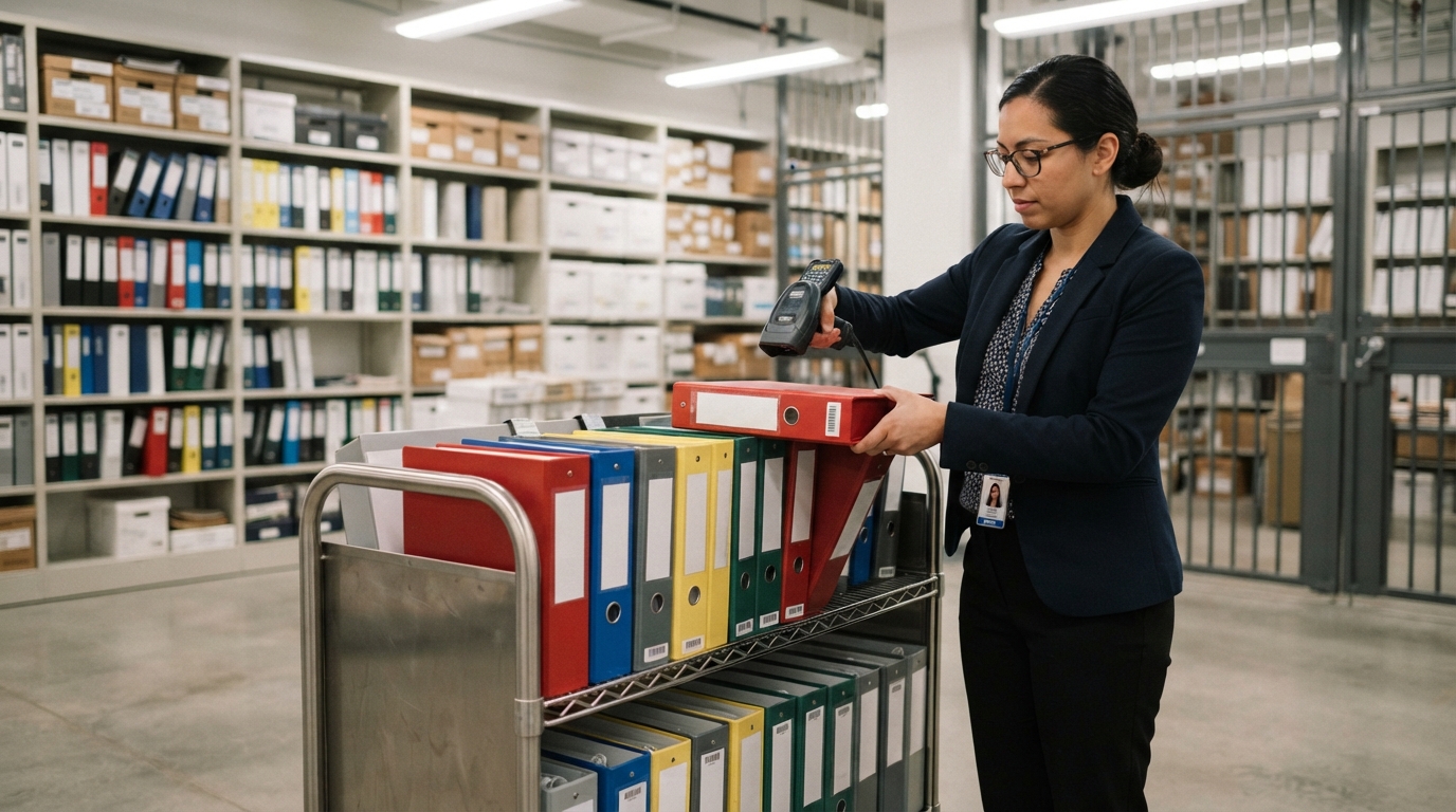 Archivist scanning documents on a cart in a records archive during an FDA inspection document requests preparation.