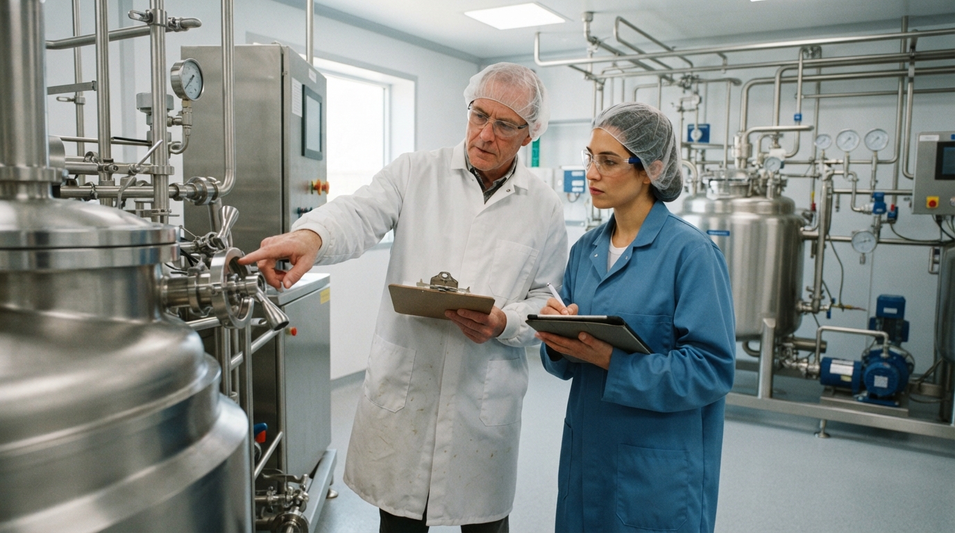Food safety auditor and quality manager examining processing machinery during a 21 CFR Part 117 inspection.