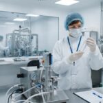 Quality assurance auditor in protective PPE gown, hairnet, and mask inspecting a clear glass liquid medicine vial in a pharmaceutical manufacturing cleanroom.