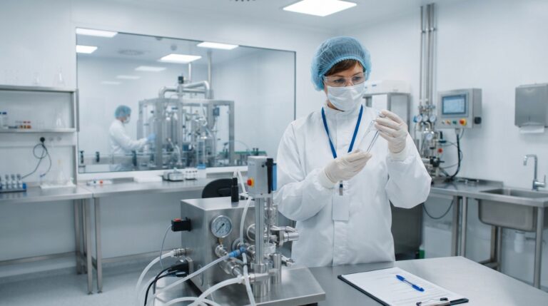 Quality assurance auditor in protective PPE gown, hairnet, and mask inspecting a clear glass liquid medicine vial in a pharmaceutical manufacturing cleanroom.