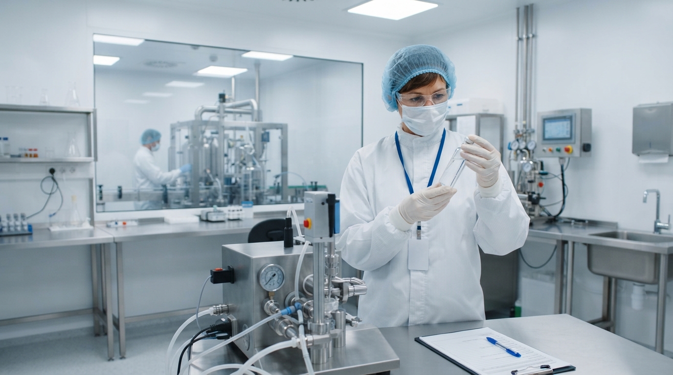 Quality assurance auditor in protective PPE gown, hairnet, and mask inspecting a clear glass liquid medicine vial in a pharmaceutical manufacturing cleanroom.