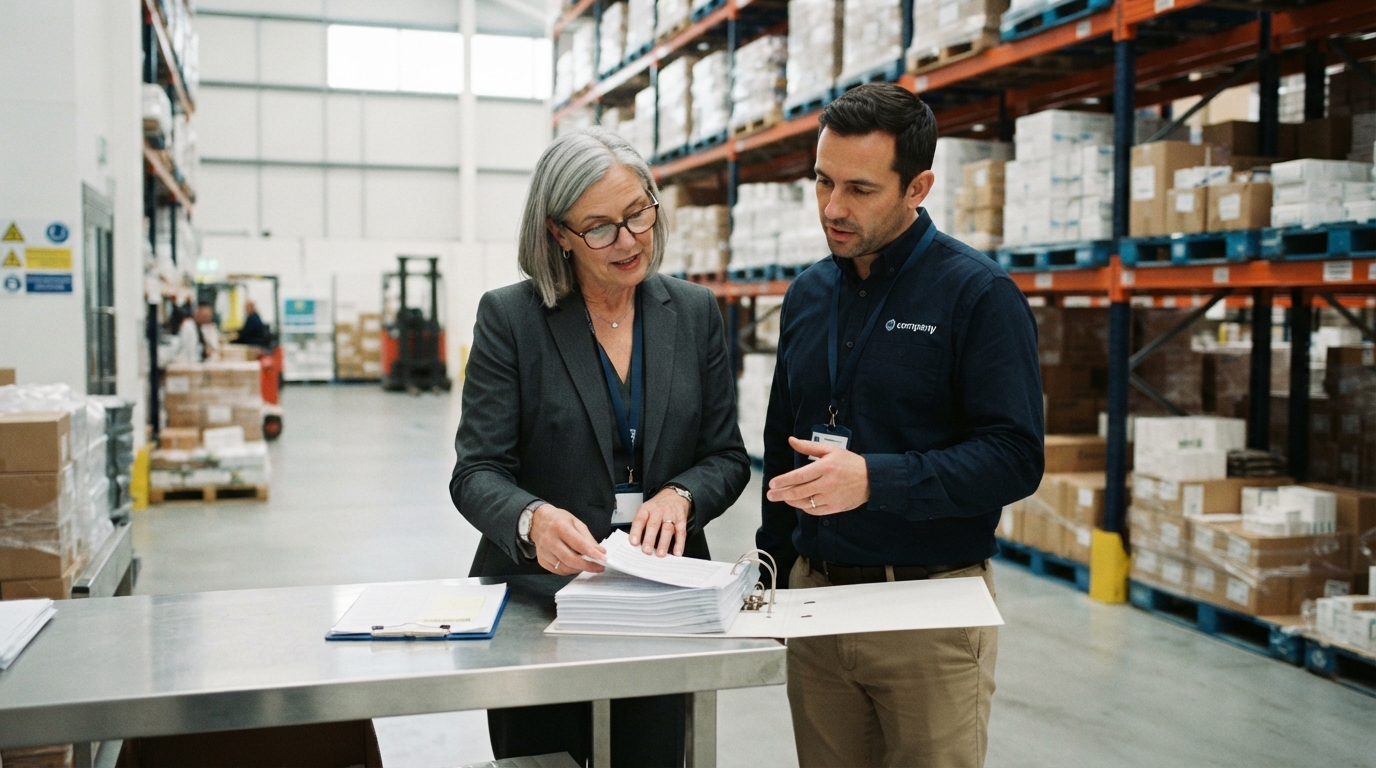 Auditor and warehouse manager reviewing compliance documentation during an FDA FSVP inspection.
