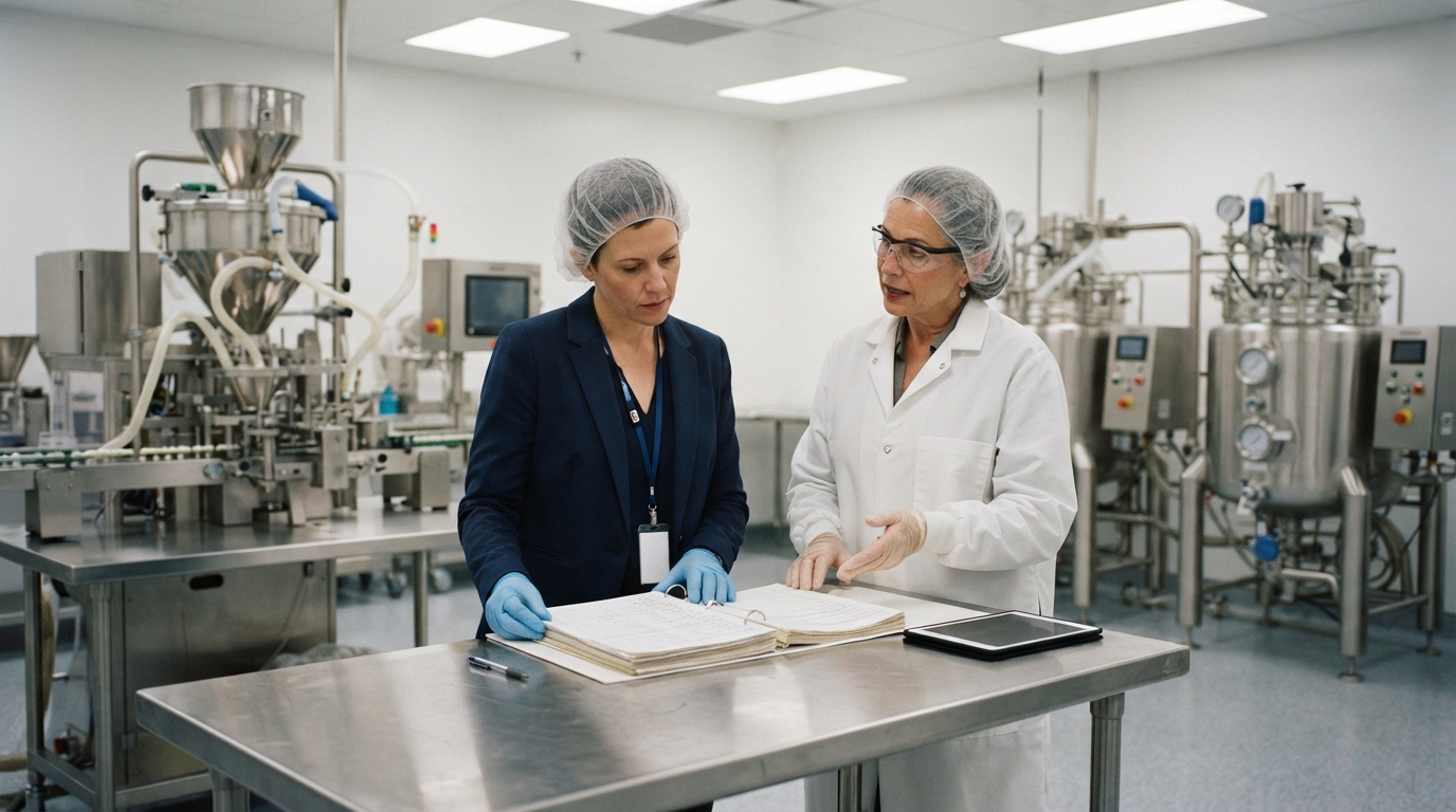 Auditor and quality director reviewing batch production records during an FDA dietary supplement inspection in a cleanroom facility.