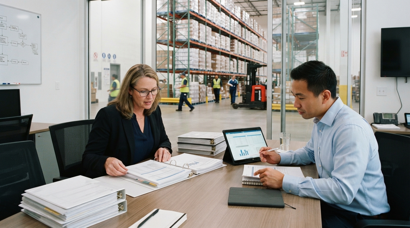 Food safety managers reviewing compliance documentation using an FSVP inspection checklist in an office overlooking a warehouse.