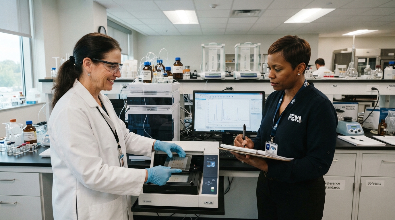Lab scientist showing TLC plate analytical testing data to an FDA auditor during a 21 CFR Part 111 inspection.