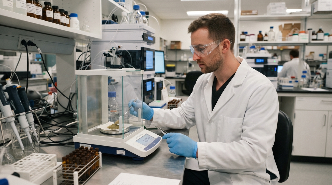 Lab chemist weighing herbal powder on an analytical balance in preparation for an FDA nutraceutical inspection.
